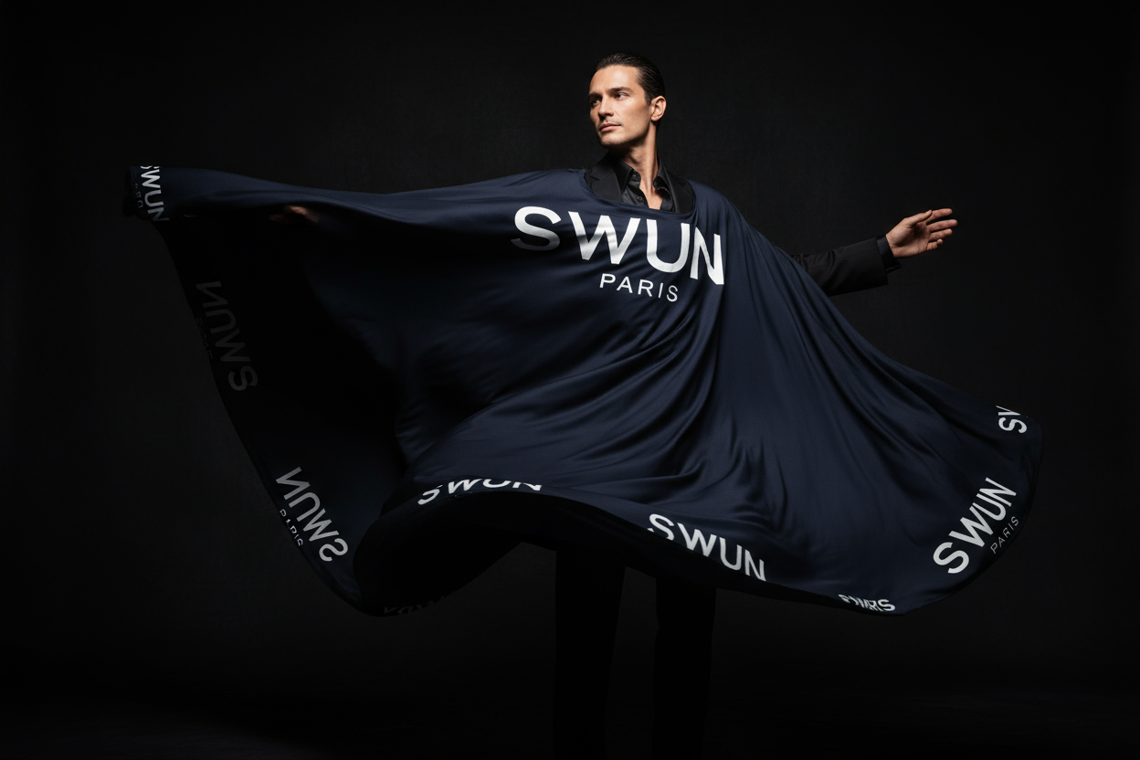 Un homme en cape swun paris sur un fond noir 